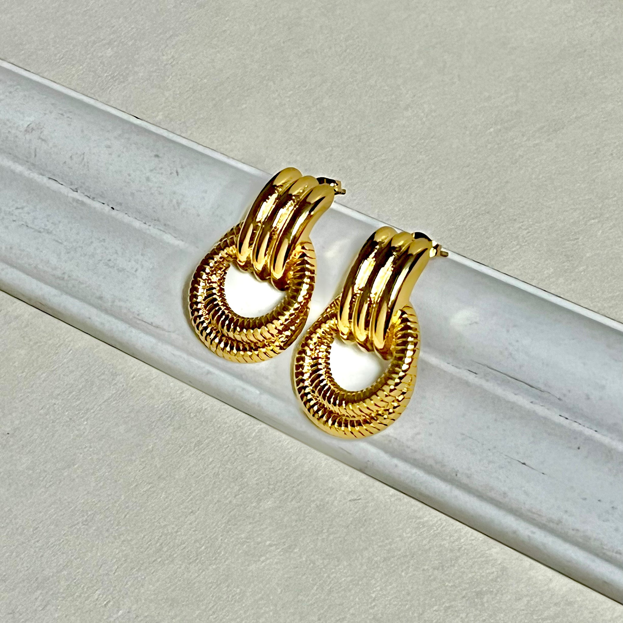 Gold Plated Textured Hoop Stud Earrings
